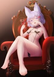 1girls bangs bat_bikini blush collar crossed_legs ear_tuft evil_smile eyelashes feet female fox_ears fox_girl glass inner_ear_fluff john_zerowb legs light-skinned_female light_skin looking_at_viewer micro_bikini phase_connect phase_origins purple_eyes short_hair sitting sitting_on_chair sling_bikini small_breasts smile solo tenma_maemi thighs throne toes vampire virtual_youtuber white_eyelashes white_hair wine wine_glass