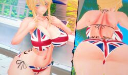 1girls artoria_pendragon artoria_pendragon_(lancer) bikini bleachedartoria blonde_female blonde_hair blonde_hair_female blue_eyes fate/grand_order fate_(series) female_only flag_print koikatsu large_ass large_breasts light-skinned_female solo_female tattoo thick_thighs union_jack union_jack_bikini wide_hips