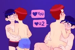 2boys aged_up anal_sex black_hair cum_in_ass gay gay_sex happy_trail icedcoffeencock kissing kyle_broflovski red_hair riding_penis shirtless south_park stan_marsh stan_x_kyle underwear_only wholesome yaoi