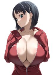 1girls black_hair blue_eyes blush breasts cleavage female fuooooo huge_breasts jacket kirigaya_suguha light-skinned_female light_skin massive_breasts short_hair sword_art_online track_jacket