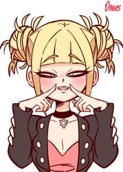 1girls 2d alternate_costume alternate_version_available animated artist_name bangs blonde_hair blush blush_lines blushing_at_viewer breasts choker collar cute diives double_bun fangs female_only game_freak himiko_toga leather_jacket marnie_(pokemon)_(cosplay) my_hero_academia oerba_yun_fang pokemon pokemon_ss safe_for_work sfw smile smiling smiling_at_viewer solo solo_female wholesome