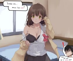 ! 1boy adjusting_hair ahoge artist_name bangs bed black_bra black_hair black_skirt blush bow bowtie bowtie_removed bra breasts brown_eyes brown_hair cleavage closed_mouth collarbone english_text facing_viewer female hige_wo_soru._soshite_joshikousei_wo_hirou. highres indoors jacket large_breasts long_sleeves looking_at_viewer medium_hair niksoncrazy ogiwara_sayu patrick_star pleated_skirt red_bow red_bowtie school_uniform shirt skirt smile smooth_skin speech_bubble spongebob_squarepants twitter_username underwear undressing white_shirt window yellow_jacket yoshida_(higehiro)