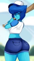 1girls ass ass_focus baseball_bat baseball_cap baseball_uniform big_ass blue_body blue_eyes blue_hair blue_shorts blue_skin bottomwear breasts bubble_ass bubble_butt cartoon_network dat_ass female female_only gem_(species) holding_object huge_ass lapis_lazuli_(bob) lapis_lazuli_(steven_universe) looking_back shirt shorts solo solo_female sonson-sensei steven_universe thighs topwear white_shirt