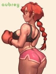 1girls ass aubrey_(sea_legs) big_ass big_breasts black_sports_bra booty_shorts boxing_gloves braid braided_hair brown_hair character_name clothing cute female freckles legs_together lentiyay pink_shorts red_eyes red_hair redhead short_hair short_shorts shorts smile sports_bra thick_thighs