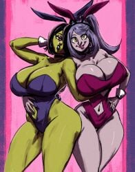 2girls armpits banjo-kazooie big_breasts black_hair bunny_ears bunnysuit clothed clothing disney disney_villains female female_only game_over_gruntilda green_body green_eyes green_skin gruntilda gruntilda_winkybunion hand_on_another's_belly hand_on_another's_breast hand_on_hip hoop_earrings huge_breasts looking_at_viewer madam_mim mature_female multiple_girls purple_hair purple_skin redblacktac the_sword_in_the_stone voluptuous voluptuous_female witch