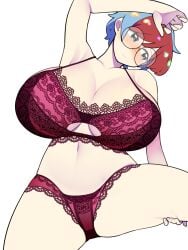 1girls alternate_body_type alternate_breast_size bellupup big_breasts blue_hair blush boobs bra breast_expansion breasts busty clothing curvaceous curvy curvy_body curvy_female curvy_figure female game_freak glasses huge_breasts hyper_breasts large_breasts matching_underwear nintendo panties penny_(pokemon) pokemon pokemon_(game) pokemon_sv red_bra red_hair red_panties round_glasses short_hair spread_legs voluptuous wide_hips