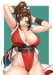 armpits arms_up bangs bare_shoulders border breasts brown_eyes brown_hair cleavage closed_mouth dress female green_background hair_ribbon hakai_shin heavy_breathing high_ponytail highleg highleg_dress hip_focus huge_breasts japanese_clothes king_of_fighters long_hair mai_shiranui parted_bangs pelvic_curtain ponytail red_dress revealing_clothes ribbon rope sash smile solo sweat thighs very_long_hair white_border white_ribbon wristband