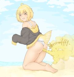 1girls beach big_ass cute_face fart fart_cloud fart_fetish farting fish_girl flirting_with_viewer hali_(raki991) kneeling onomatopoeia raki991 solo