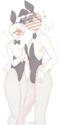 1boy 1girls big_breasts bowtie bunnysuit countryhumans countryhumans_girl duo fake_animal_ears fake_animal_tail female headband heart japan_(countryhumans) japanese_text kuzuyu_(artist) legwear male rabbit_headband simple_background stockings sunglasses text united_states_of_america_(countryhumans) white_background white_body white_skin