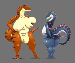 anthro arttukorppu ass big_breasts breasts dinosaur duo female genitals holding_butt licking licking_lips looking_at_viewer navel nipples non-mammal_breasts nude pussy raised_tail reptile scalie spread_butt spreading tail theropod tongue tongue_out