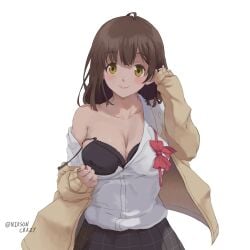 ! adjusting_hair ahoge artist_name bangs black_bra black_skirt blush bow bowtie bowtie_removed bra breasts brown_eyes brown_hair cleavage closed_mouth collarbone english_text female hige_wo_soru._soshite_joshikousei_wo_hirou. highres jacket large_breasts long_sleeves looking_at_viewer medium_hair niksoncrazy ogiwara_sayu pleated_skirt red_bow red_bowtie school_uniform shirt simple_background skirt smile solo twitter_username underwear undressing white_background white_shirt yellow_jacket