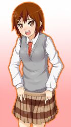 blush brown_eyes brown_hair commentary_request danshi_koukousei_no_nichijou female hair_ornament hairclip necktie oerba_yun_fang open_mouth ringo-chan_(danshi_koukousei) short_hair skirt smile solo sweater_vest undressing yoshikano