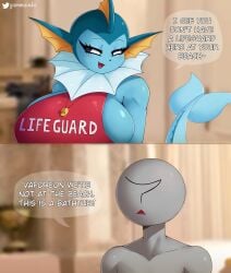 anon bathtub_lifeguard_(meme) big_breasts blue_skin breasts comic costume eeveelution female female_pokemon furry gammainks huge_breasts human_on_anthro lifeguard male_human/female_anthro meme nintendo pokemon pokemon_(species) text vaporeon