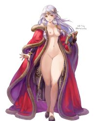 1girls alternate_costume ass_visible_through_thighs bare_legs bettercommsoul book breasts coat earrings edit female female_only fire_emblem fire_emblem:_radiant_dawn fire_emblem_heroes grey_hair grin legs long_hair looking_at_viewer medium_breasts micaiah_(fire_emblem) naked_coat nintendo nipples nude nude_female nude_filter official_alternate_costume pussy silver_hair smile solo yellow_eyes