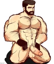 1boy 1male balls bara beard big_balls big_penis boner deawolf erection facial_hair gay gloves hairy male male_only muscles muscular nintendo npc_trainer nude on_knees penis pokemon pokemon_sv professor_turo solo solo_male