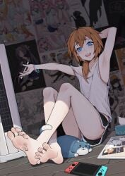 1boy armpits arms_up bedroom blue_eyes bracelet drawing feet feline femboy foot_fetish girly gym_shorts lan_mao_akko legs_crossed male_focus orange_hair shorts smile tank_top toes writing_on_body