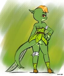 anthro breasts female flexible green_body green_scales joaoppereiraus leaf leaf_clothing leg_up lira_(joaoppereiraus) lizard lizard_girl lizard_humanoid looking_back orange_hair scalie scalie_humanoid tales_of_sezvilpan_(copyright) thick thick_thighs thighs