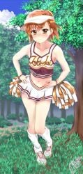 1girls 2020 2020s artist_name bare_shoulders bare_thighs blush breasts brown_eyes brown_hair cheerleader cloud collarbone dated day embarrassed female forest full_body grass hi_res kneehighs looking_at_viewer loose_socks matching_hair/eyes midriff miniskirt misaka_mikoto misakism navel outdoors short_hair sky small_breasts sneakers socks solo standing sun_visor sweat teenage_girl teenager thighs to_aru_kagaku_no_railgun to_aru_majutsu_no_index white_socks young