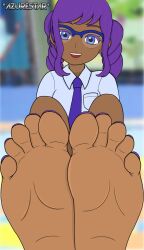 1girls azurestar dark-skinned_female digital_drawing_(artwork) digital_media_(artwork) feet female female_focus female_only foot_fetish glasses original_character painted_nails painted_toenails pokemon pokemon_sv purple_hair school_uniform schoolgirl soles watermark