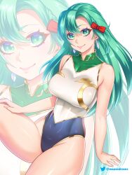 1girls alternate_costume aqua_hair bangs bare_thighs blue_one-piece_swimsuit blue_swimsuit braid breasts chloe_(fire_emblem) covered_navel etchimune female female_only fire_emblem fire_emblem_engage green_eyes green_hair large_breasts long_hair looking_at_viewer nintendo one-piece_swimsuit side_braid smile solo swimsuit thick_thighs thighs two-tone_swimsuit very_long_hair white_one-piece_swimsuit white_swimsuit