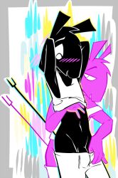 2019 abstract_background anthro arms_bent assisted_exposure black_body black_fur blush blush_lines bottomwear bottomwear_down cay_(toxoglossa) clothed clothing clothing_lift crop_top duo egyptian_mythology erect_tail eyebrows forked_tail fur genitals hand_on_chest head_tuft male male/male middle_eastern_mythology mythology navel off_shoulder open_mouth pants pants_down partially_clothed penis penis_base pink_body pink_fur raised_arm set_(species) shirt shirt_lift simple_background sleeveless_shirt square_crossover tail topwear toxoglossa tuft unusual_anatomy unusual_tail white_clothing white_eyes white_shirt white_topwear