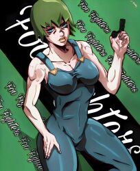 1girls big_breasts blue_eyes breasts female female_focus female_only foo_fighters fully_clothed green_hair jojo's_bizarre_adventure light-skinned_female light_skin overalls short_hair shounen_jump solo stone_ocean tagme z3husky