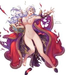 1girls alternate_costume ass_visible_through_thighs bare_legs barefoot bettercommsoul book breasts coat completely_nude edit female female_only fire_emblem fire_emblem:_radiant_dawn fire_emblem_heroes frown grey_hair legs long_hair medium_breasts micaiah_(fire_emblem) naked_coat nintendo nipples nude nude_female nude_filter official_alternate_costume open_mouth pussy silver_hair solo torn_clothes yellow_eyes