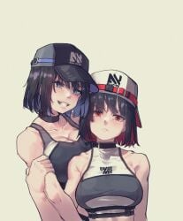 2girls backwards_baseball_cap baseball_cap big_breasts black_hair black_survival blue_eyes character_request choker cleavage eternal_return:_black_survival female_only large_breasts light-skinned_female looking_at_viewer looking_down red_eyes rq_(35695551) short_hair simple_background smile sports_bra