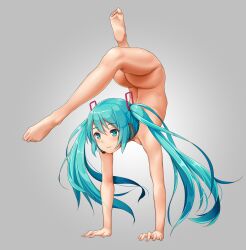 1girls ass blue_eyes blue_hair blush breasts completely_nude completely_nude_female eyebrows_visible_through_hair female female_only full_body grey_background hatsune_miku headset headset_microphone imao light-skinned_female light_skin naked naked_female nude nude_female simple_background solo solo_female stretching twintails vocaloid yoga