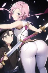 1boy ai_generated ass ass_focus bare_shoulders black_hair blush breasts broken_sword female from_behind green_eyes kirito lisbeth looking_at_viewer looking_back pants pantylines pink_eyes pink_hair shiny shiny_clothes shiny_hair short_hair sideboob smile sword sword_art_online weapon