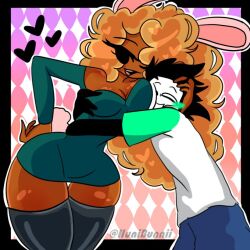 blush breasts bunny_ears bunny_tail face_in_breasts female friday_night_fever friday_night_funkin green_dress hand_on_hip heart hug hunni_(hunnibunnii) hunnibunnii leito_(sugarratio) one_eye_closed