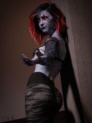 3d 3d_(artwork) 3d_model adelynn_(avidsky1999) avidsky1999 awoken black_hair blue_skin bra bungie destiny_(game) destiny_2 female female_only glowing_eyes glowing_skin leggings looking_at_viewer multicolored_hair orange_eyes red_hair tattoo tattoo_on_arm tattooed_arm