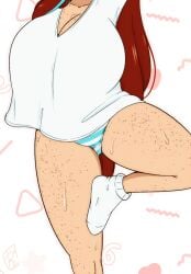 aeria_(riley_moore) ankle_socks anklehighs blue_highlights boob_tent freckles hidden_face huge_breasts large_shirt leg_lift legs panties purpleguyri red_hair riley_moore_(artist) shimapan socks sweat thighs tshirt white_socks