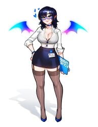 1girls absolute_territory artist_logo artist_name artist_signature big_breasts black_hair blue_choker blue_eyes blue_glasses blue_skirt blushypixy blushyspicy breasts button_down_shirt choker cleavage clipboard clothed clothing deep_cleavage ear_piercing earrings eyeglasses female female_only full_body fully_clothed garter_straps glasses hand_on_hip hartman_hips high_heels hips holding holding_clipboard hourglass_figure huge_breasts large_breasts light-skinned_female light_skin miniskirt oc office_clothing office_lady original pale-skinned_female pale_skin pointy_ears revealing_clothes simple_background skimpy_clothes skirt smile smug stockings thick_thighs thigh_gap thighhighs thin_waist tight_clothing vampire vampy_(blushypixy) vivian_(blushyspicy) white_background wide_hips wings