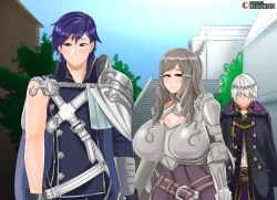 1girls 2boys bare_thighs blackgg breasts brown_eyes brown_hair chrom_(fire_emblem) curvy female fire_emblem fire_emblem_awakening huge_breasts long_hair male multiple_boys netorare nintendo robin_(fire_emblem) robin_(fire_emblem)_(male) sumia_(fire_emblem) thick_thighs thighs voluptuous