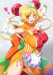 :d alternate_breast_size armpits blonde_hair breasts bun_cover clothing cure_yum-yum delicious_party_precure double_bun dress gloves gradient_background grey_background hair_bun hanamichi_ran heart joy_ride large_breasts looking_at_viewer magical_girl mem-mem_(precure) panties precure pretty_cure red_panties short_hair smile thighs underwear white_gloves