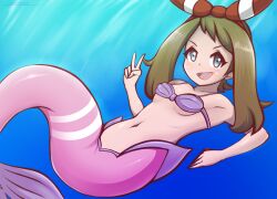 blue_eyes fish_tail hi_res may_(pokemon) may_(pokemon_oras) mermaid mermaid_girl mermaid_position mermaid_tail mermaid_transformation nioartist peace_sign pink_tail png pokemon pokemon_(anime) pokemon_oras pokemon_sm_(anime) seashell_bra underwater