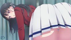 1girls ass_focus bent_forward bent_over black_hair butt_focus classroom_of_the_elite hair_between_eyes horikita_suzune keihh long_hair looking_at_viewer no_panties red_clothing red_eyes red_shirt red_uniform school school_uniform schoolgirl short_skirt skirt skirt_lift staring_at_viewer tagme thighs tsundere white_shirt youkoso_jitsuryoku_shijou_shugi_no_kyoushitsu_e