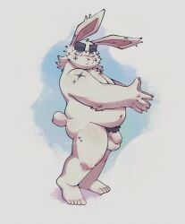 2023 absurd_res anthro balls belly flaccid genitals hi_res humanoid_hands lagomorph leporid male mammal metasighty navel overweight overweight_male penis pubes rabbit scar solo