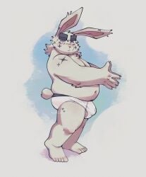 2023 absurd_res anthro balls belly bulge clothing genitals hi_res humanoid_hands lagomorph leporid male mammal metasighty navel overweight overweight_male rabbit scar solo underwear