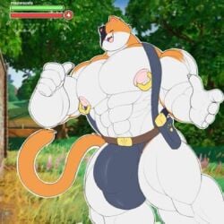 1boy anthro big_balls big_penis fortnite game_ui gameplay_mechanics gay holster huge_bulge male male_only meowscles meowscles_(fortnite) muscular_male nipple_piercing smile yamwamm