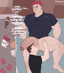 2boys balls bara bed big_penis biting_lip brown_eyes chubby_male cigarette condom condoms dad_bod dialogue dyed_hair facial gay gay_sex half_naked hand_on_thigh laying_down laying_on_bed male male_only one_eye_closed penis pink_hair rimjob rimming rimming_male room shirt text tobbyc2 yaoi