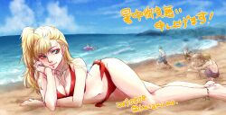 1girls alternate_costume anklet aqua_eyes arm_support beach bikini blonde_hair cleavage female female_focus gintama katakuma kawakami_bansai kijima_matako long_hair okada_nizou on_side ponytail reclining red_bikini side-tie_bikini side_ponytail smile solo_focus swimsuit tied_hair wide_hips