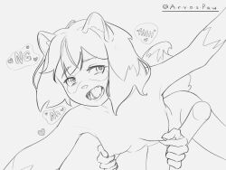 <3_eyes 4:3 anthro arvospaw_(artist) brand_new_animal breasts duo fangs female hand_on_breast heart hi_res michiru_kagemori monochrome nipple_fetish nipple_pinch nipple_play pinch solo studio_trigger teeth