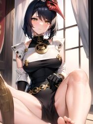 1girls ai_generated black_elbow_gloves black_gloves black_hair black_long_gloves blush breasts elbow_gloves feet female female_only genshin_impact gloves kujou_sara large_breasts long_gloves looking_at_viewer nai_diffusion short_hair solo spread_legs stable_diffusion yellow_eyes