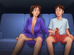 1boy 1girls 2d animated big_breasts bottomwear breasts brown_hair bulge bulge_through_clothing cleavage clothed clothing colette_choisez couch darkcookie debbie_(summertime_saga) digital_drawing_(artwork) digital_media_(artwork) duo erection erection_under_clothes female gif handjob horny light-skinned_female light-skinned_male light_skin long_hair looking_at_another looking_at_partner main_character_(summertime_saga) male male/female milf mother mother_and_son panties shirt sitting sitting_on_couch son summertime_saga topwear underwear