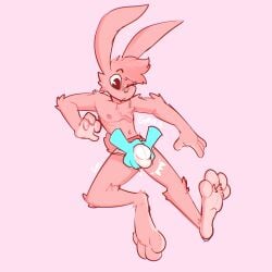 4_toes absurd_res anthro blush blush_lines briefs bulge bulge_fondling cheek_tuft chest_tuft clothing disembodied_hand english_text facial_tuft feet fur hi_res lagomorph leporid looking_pleasured male mammal one_eye_closed penis_under_clothing pink_background pink_body pink_fur rabbit simple_background solo_focus text the_xing1 toes tuft underwear wide_eyed