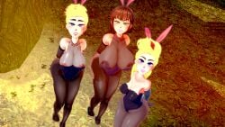 3d 3d_(artwork) 3girls big_breasts blonde_hair brown_hair bunny_costume bunnysuit female female_only illusion_soft jenny_test johnny_test johnny_test_(series) koikatsu koikatu lila_test milf rule_63 sissy_blakely smile sun_light trio