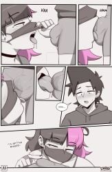 2boys blush bulge clothed clothing comic crossdressing dross english_text femboy gay high_resolution jacob_(dross) licking male_only multicolored_hair multiple_boys nipples original pink_hair skater_boi_(dross) skirt taylor_(dross) text twink yaoi