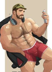 1boy 1male bara beard bearded bulge bulge_through_clothing chest_hair facial_hair gay hairy hairy_arms hairy_chest hairy_legs headphones jojiart large_pectorals male male_only muscle muscles muscular muscular_arms muscular_male nipples pecs pectorals shirtless underwear underwear_only